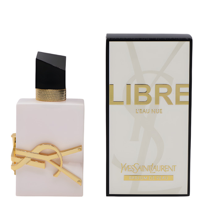 Yves Saint Laurent Libre L'Eau Nue Eau De Parfum in a sleek, opaque white collector's bottle, standing next to its matching white-and-black box featuring large gold "LIBRE L'EAU NUE" lettering.